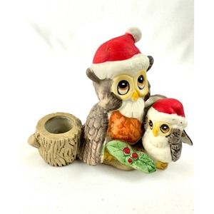 Vintage Christmas Owls Candle Holder Parent And Baby Hand Painted